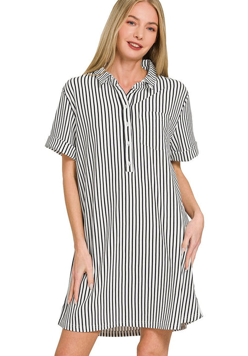 Zenana Stripe Collared Half Button Up T-Shirt Dress