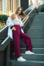 Umgee Merlot Wide Leg Women Pants Drawstring Waist with Pockets Merlot 2738f5f2-163d-4be6-9d96-019496a5084b-Max Trendsi