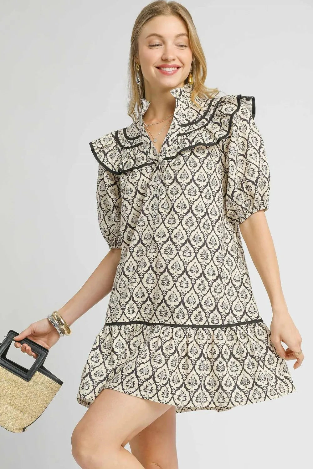 Umgee Cotton Mini Dress Black Ruffled Paisley Printed Puff Short Sleeve Black 2739a200-a407-48af-bce1-7acfe553ef0a-Max-Origin Trendsi