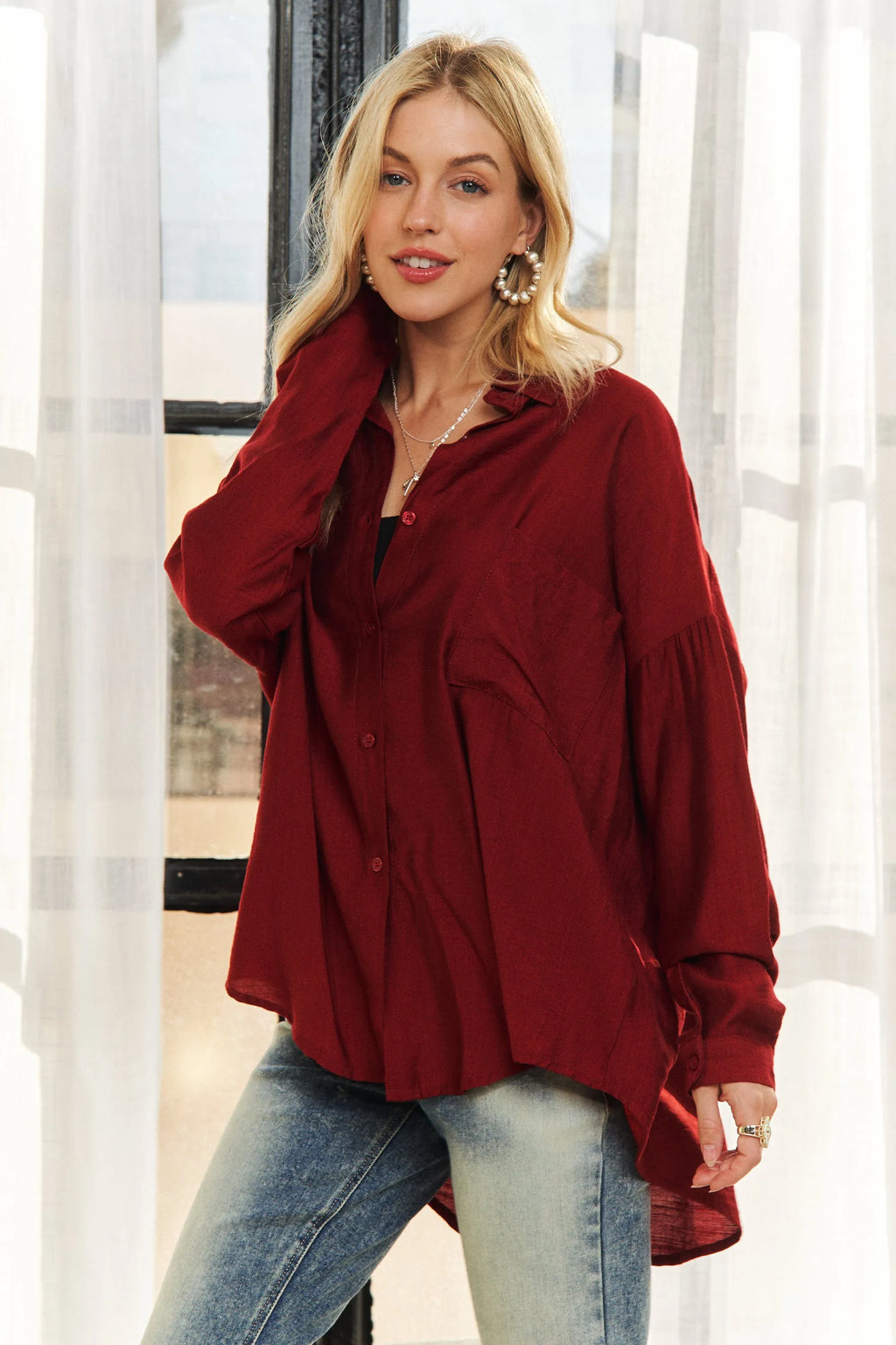 ADORA Linen Shirt Burgundy Oversized Pocketed Long Sleeve Top BURGUNDY 2739a96ed08f4eb4bf99e25f8c98223d-Max-Origin Trendsi
