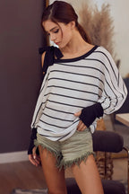 BiBi Blouse Stripe Yarn Dye Waffle One Shoulder Ribbon Detail Top 27416c4e7389432ca83b463809556560-Max-Origin Trendsi