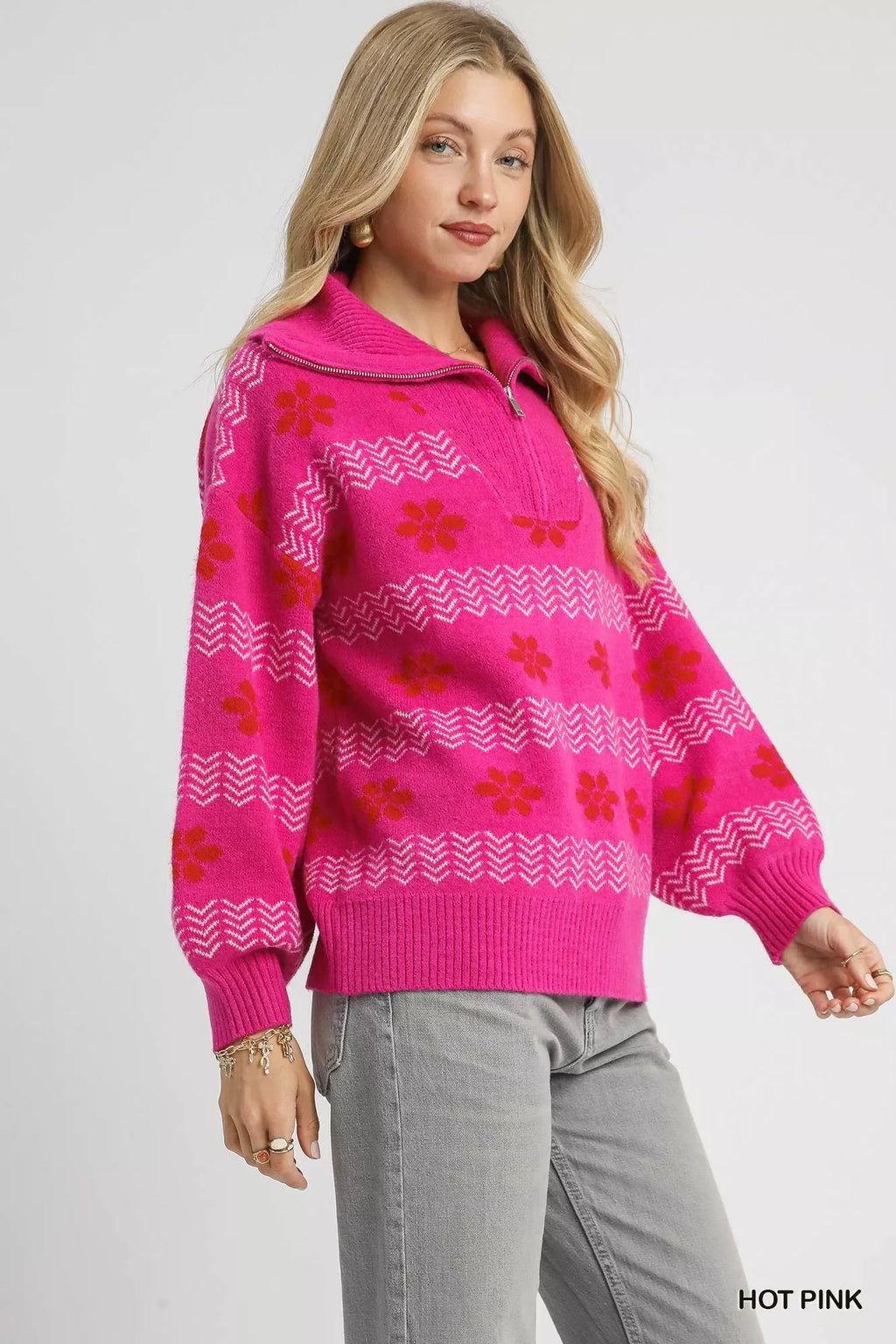 Umgee Womens Sweater Hot Pink Floral Patterned Jacquard Quarter-Zip Pullover 274345af-46cb-4014-9f76-969a3eeedf17-Max-Origin Trendsi