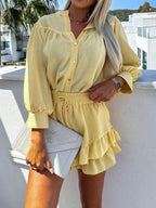 Women's Outfit Set Shirt Button Up Long Sleeve Top and Ruffled Skirt Lightweight 27447351-de8b-449f-b726-4b8ffc5737ee-Max-Origin Trendsi