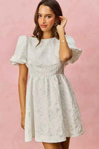 SO ME Jacquard Mini Dress White Floral Bubble Shorts Sleeves 27492b40d01a4df3b32eb2513b0de786-Max-Origin Trendsi