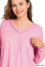 Zenana Soft Melange Hacci Exposed Seam Coin Pocket Tee 274c9c8bbf934e1c8791a587970ea809-Max-Origin Trendsi