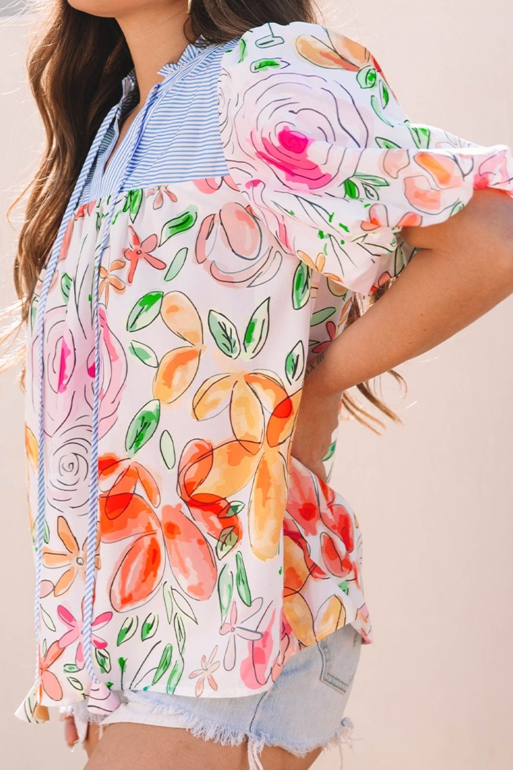 Floral Blouse Striped Yoke Frilled Tie Neck Short Puff Sleeve Top 27611a01-2cf3-425d-b2e9-49d5b8399d06-Max Trendsi