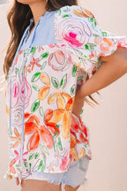 Floral Blouse Striped Yoke Frilled Tie Neck Short Puff Sleeve Top 27611a01-2cf3-425d-b2e9-49d5b8399d06-Max Trendsi