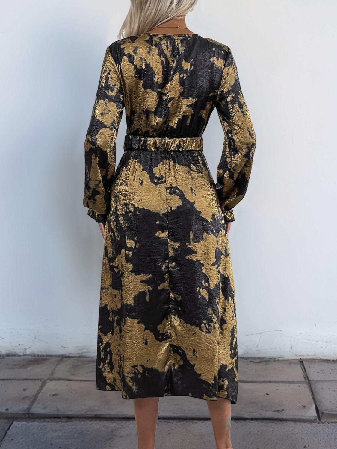 Perfee Midi Dress Gold Printed Surplice Long Sleeve V Neck Elastic Belt