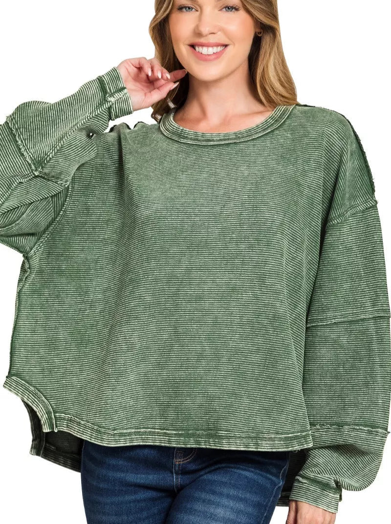 Zenana Women's Sweatshirt Oversized Dark Green Acid Washed Exposed-Seam DK GREEN 2768c4fe28804d5bad714002d8396576-Max-Origin Trendsi