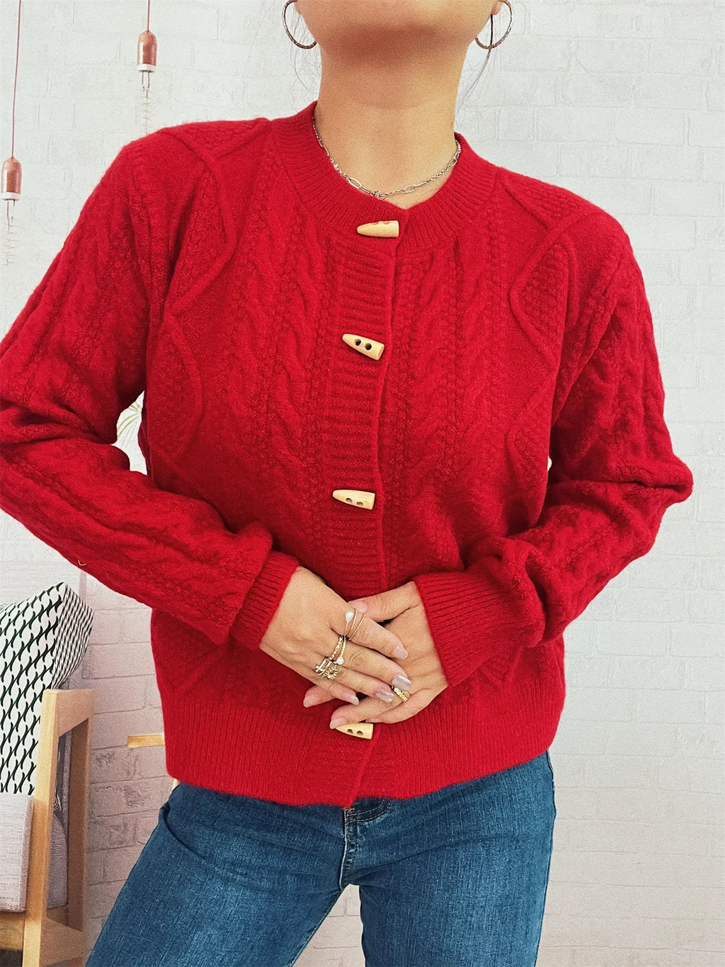 Women's Cardigan Cable Knit Button-Up Long Sleeve Knitwear Red One Size 27729dbc30bc43cf9abb8689f93ca8d4-Max-Origin Trendsi