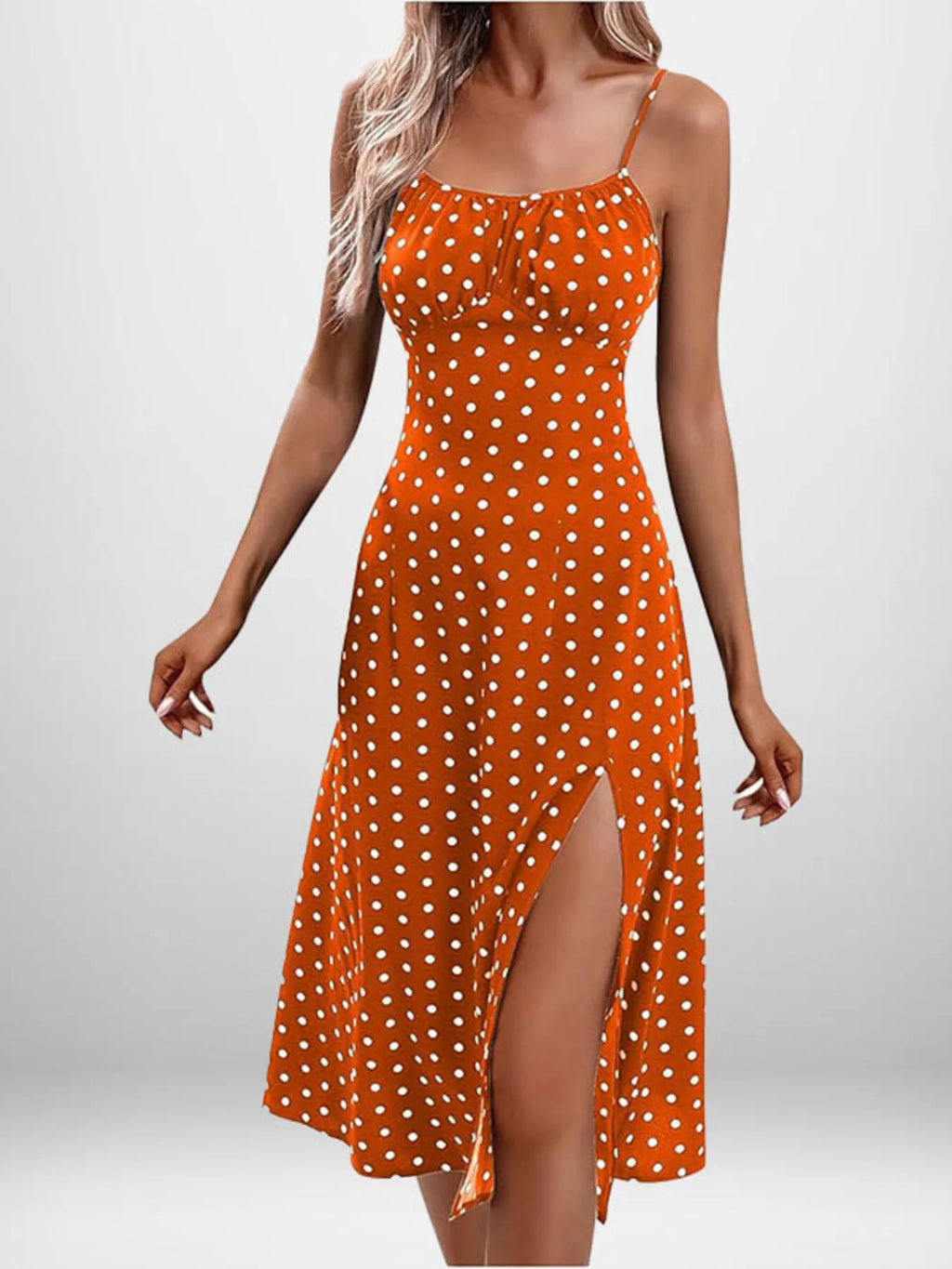 Cami Midi Dress Floral Polka Dot Printed Side Slit Tied Strappy Dresses Orange Dot 27788490bfb7442db4570efa5c21b8e0-Max-Origin Trendsi