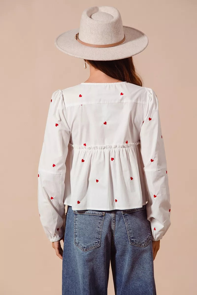 SO ME Women Blouse Front Tie Heart Embroidered Top With Puff Long Sleeve 2780214e88a94644a0b90f5d51eb715d-Max-Origin Trendsi