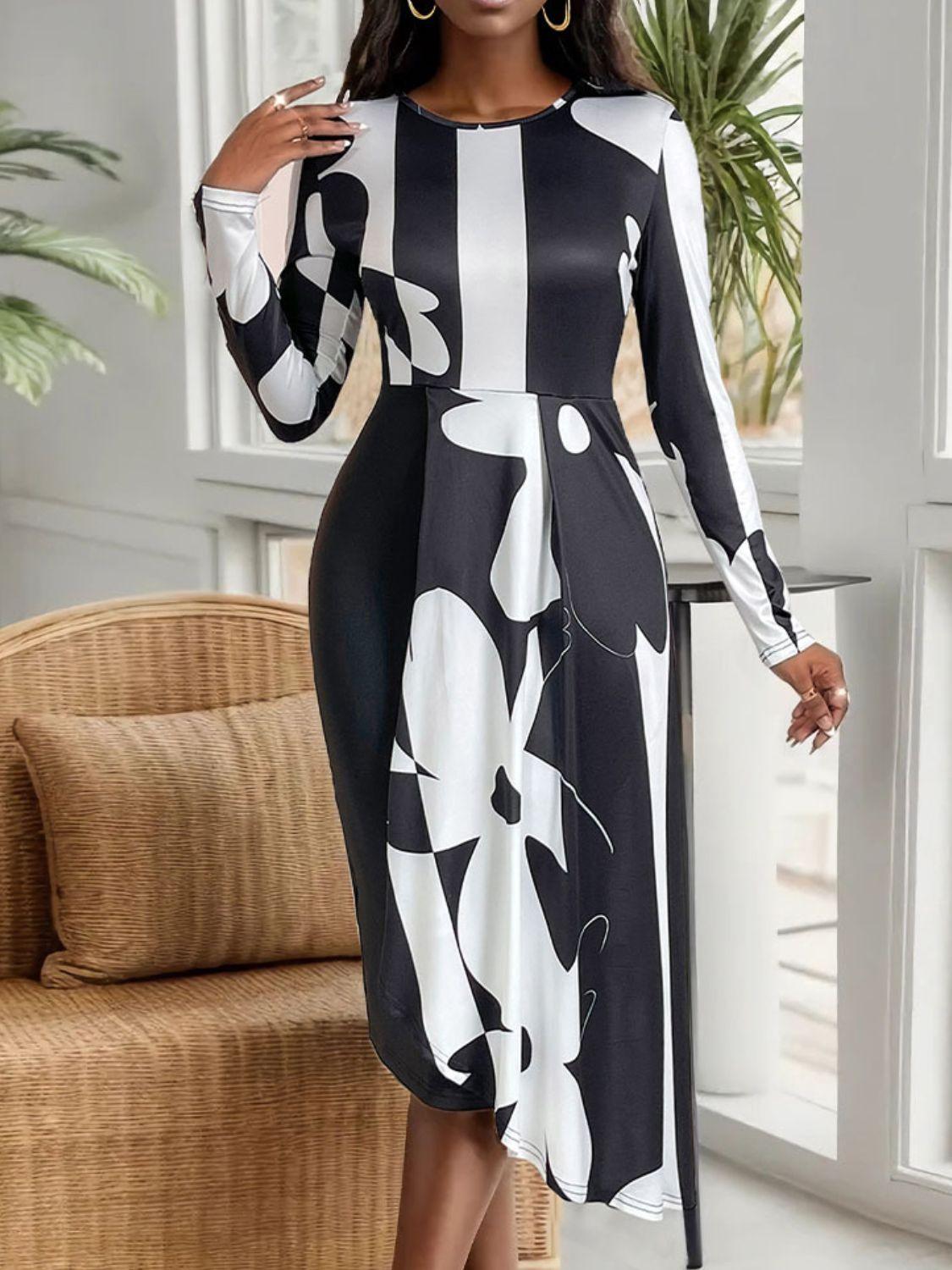 Midi Dress Asymmetrical Slit Round Neck Long Sleeve Slim Dresses Black 2780b67d-00fe-47e8-9b2c-e4066e58a433-Max Trendsi