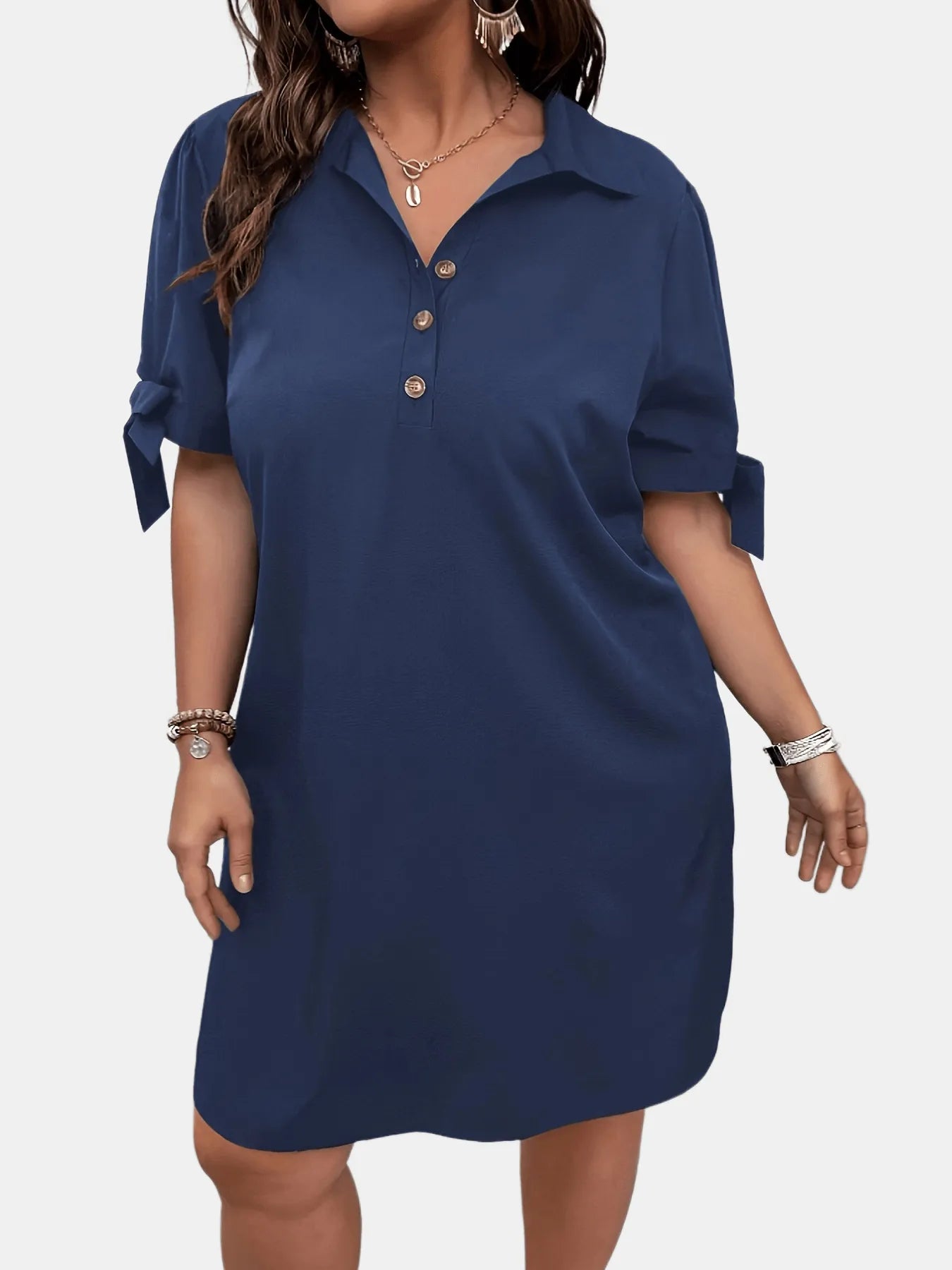 Navy Shift Dress Mini Button Detail with Tie Short Sleeves 27815eea5a734b7a83cca9227dabd2e9-Max-Origin Trendsi