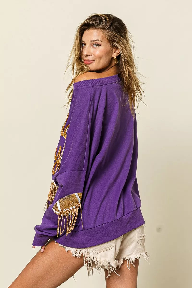 BiBi Womens Sweatshirt Sequin Football Patches Game Day Purple Top 2782f769-92af-45f8-92f7-b69dc5a6e125-Max-Origin Trendsi