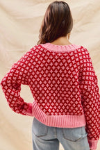 SO ME Christmas Women's Sweater Red Pink Color Block Textured V Neck Top 2784fe32615246daa6c00820702d7734-Max-Origin Trendsi