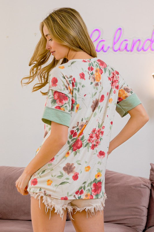 BiBi T-Shirt Floral Button Detail Round Neck Short Sleeve Terry Top 278662ca-dd09-41d9-9489-b5893f9c4a16-Max Trendsi