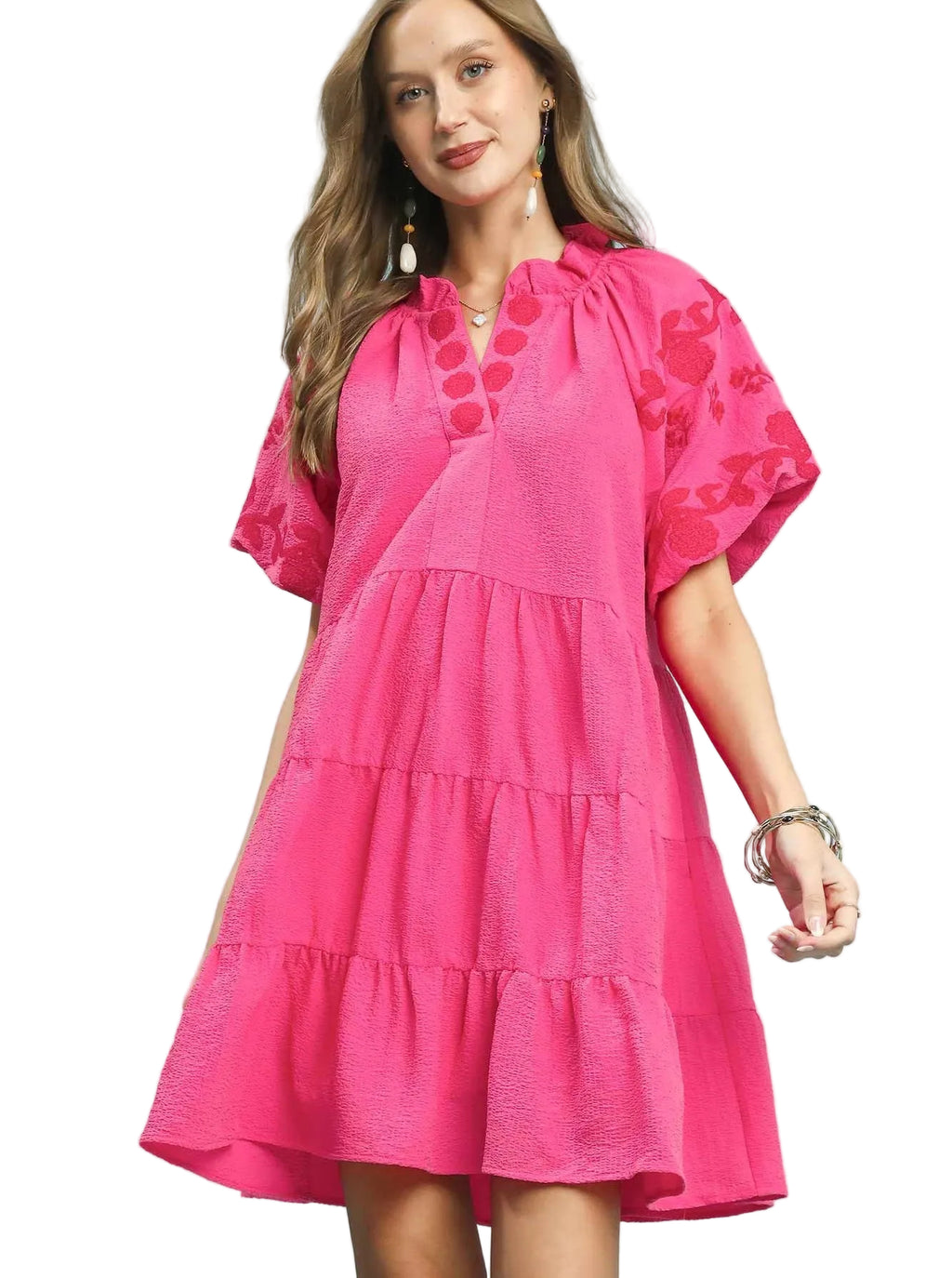 Umgee Ruffle Mini Dress Pink Floral Embroidered Tiered Puff Short Sleeve
