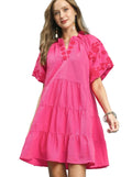 Umgee Ruffle Mini Dress Pink Floral Embroidered Tiered Puff Short Sleeve