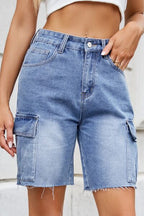 Cargo Shorts Denim Women's Raw Hem Medium Washed Pocketed Bermuda 279109b2-9679-4b9c-b333-4e56c5b98e83-Min Trendsi