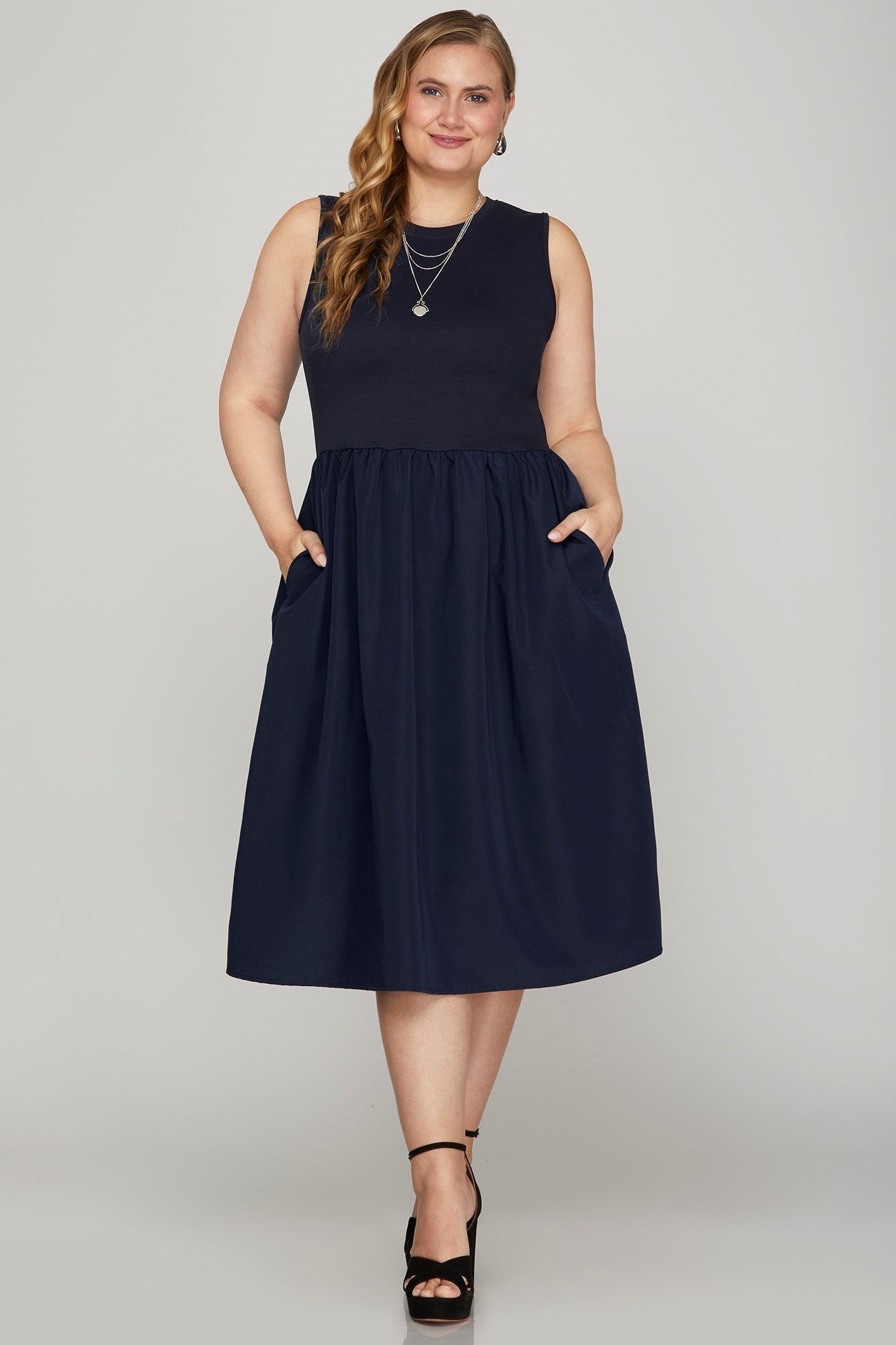 She + Sky Midi Dress Sleeveless Poplin Woven with Pockets S-2XL 279233e7-a52b-48e9-a220-d458f952c8ac-Max Trendsi