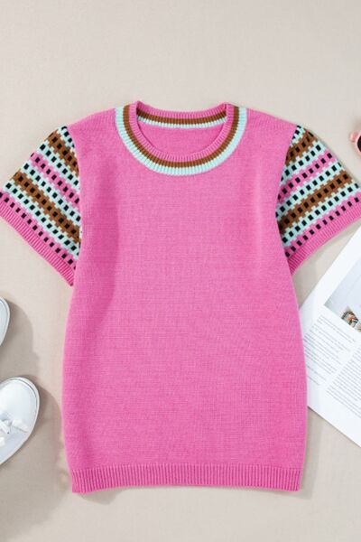 Women Knit Top Fuchsia Pink Contrast Check Short Sleeve Round Neck 27966c61-1a6c-4793-96a7-8389fb56020c-Min Trendsi