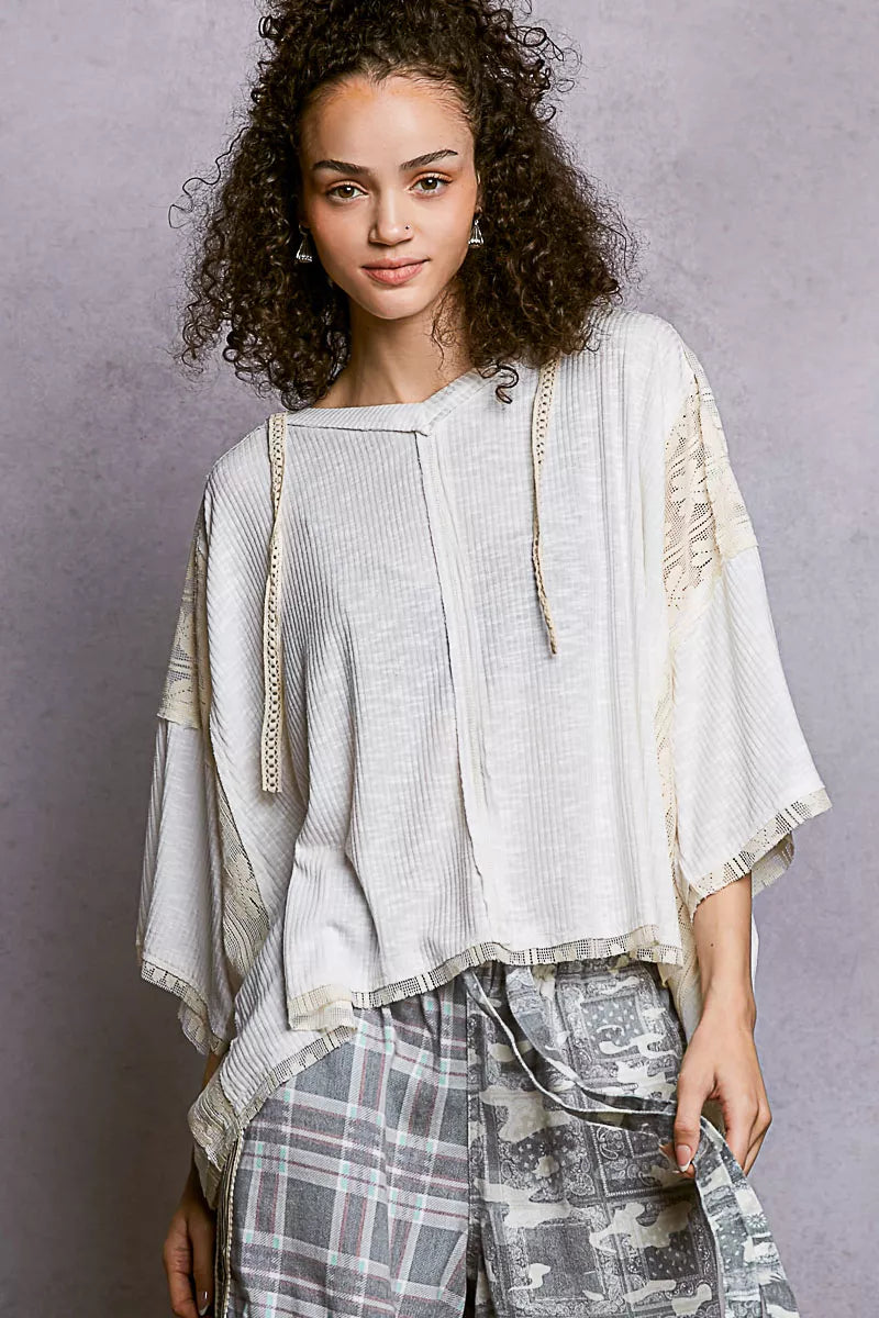 POL Short Sleeve Hoodie Top with Lace Detail