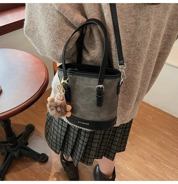 Women's Casual Bucket Crossbody Bag Mini Pu Leather Double Handles Purses