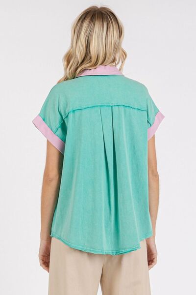 Mittoshop Polo Shirt Color Block Henley Short Sleeve Seafoam Cotton Top 27a779da-0b38-4471-b888-8e71a5f7dfbf-Min Trendsi