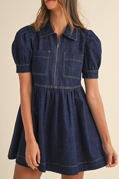 Denim Shirt Dress Collared Neck Half Zip Short Puff Sleeve Ruffled Dark 27a82880-863d-4e7a-9152-6bd3a9894e28-Min Trendsi