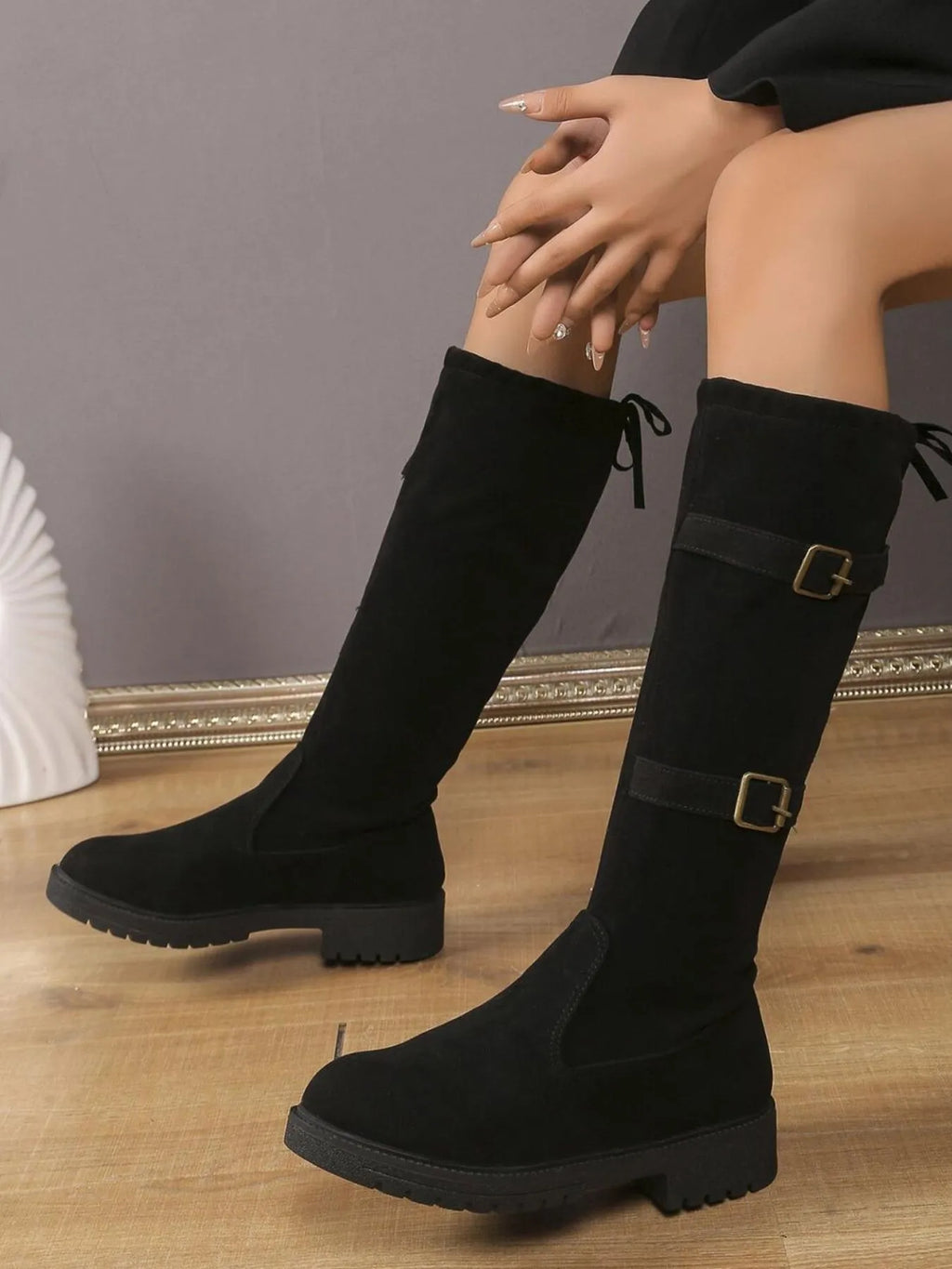 Women's Suede Boots Knee-High Combat with Double Buckle Straps Low Heel 27aa1a6c-4d9f-4e3a-9504-c310fd6dfab5-Max-Origin Trendsi