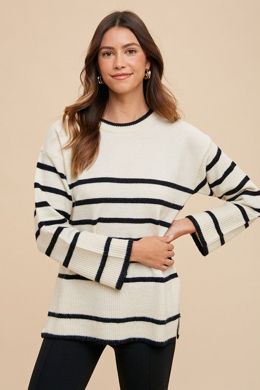 Annie Wear Women Sweater Striped Side Slit Round Neck Long Sleeve Pullover