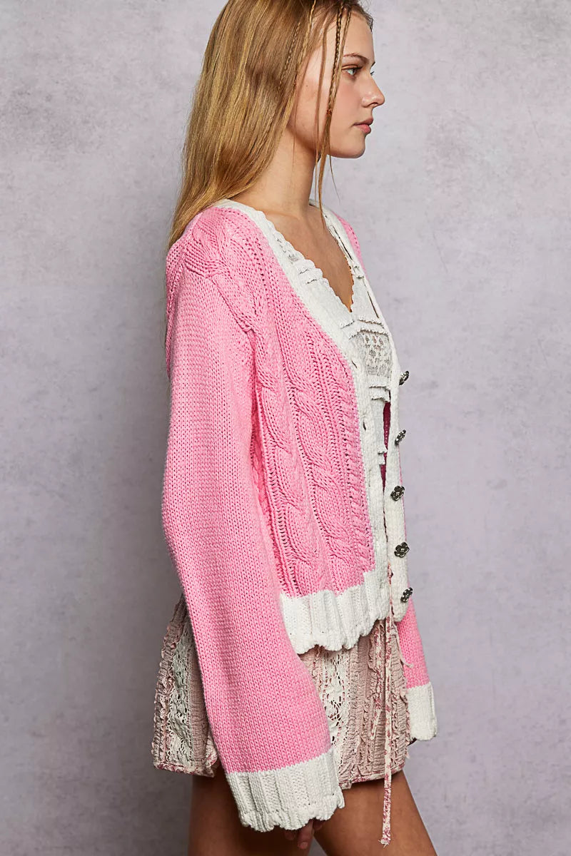 POL Womens Cable-Knit Cardigan Pink with Contrast Border Accents Buttoned 27b6ba79-8fb0-4b20-b3e5-53c20ff9d5da-Max-Origin Trendsi