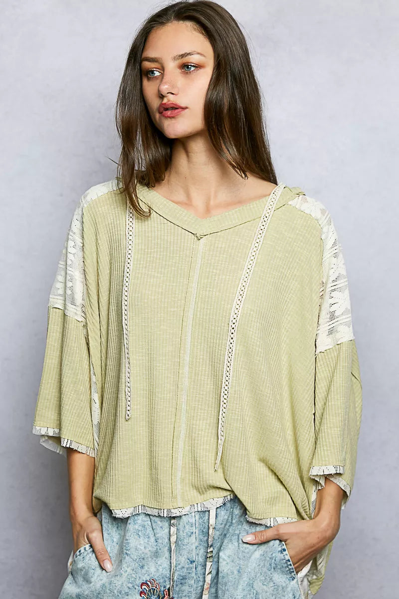 POL Hoodie Womens Pale Sage Short Sleeve Top with Lace Detail 27b900e5-89a6-4026-8588-9360d55b878e-Max-Origin Trendsi