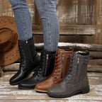 Women's Boots Pu Leather Lace Up Zip Round Toe Block Mid Heels Shoes 27ba914151214835b0e6f753556c15b4-Max-Origin Trendsi