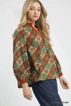 Umgee Women's Top Teal Mix Green Abstract Print Ruffle Neck Blouse 27bd4b34-9ac3-4783-ad57-33eafe416d24-Max-Origin Trendsi