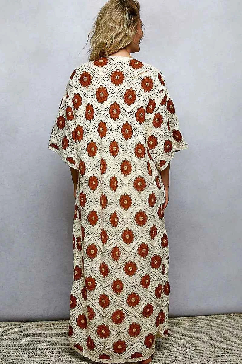 POL Crochet Longline Cardigan Floral Choco Multi Open Front Knit 27c31a80-db17-4233-9eaf-35b12364373a-Max-Origin Trendsi