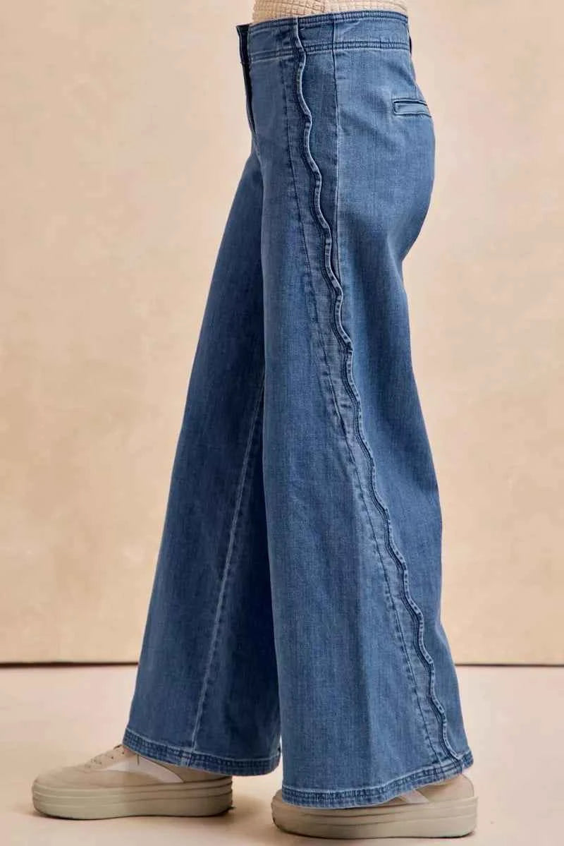 BiBi Wavy Side Edge Detail Lined Wide Leg Jeans