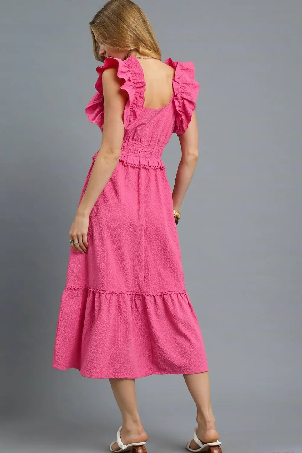Umgee Midi Dress Hot Pink V-Neck Ruffled Cap Short Sleeve Smocked 27c7a240-f610-4bd9-bd27-edc0de725d5b-Max-Origin Trendsi