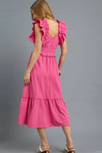 Umgee Midi Dress Hot Pink V-Neck Ruffled Cap Short Sleeve Smocked 27c7a240-f610-4bd9-bd27-edc0de725d5b-Max-Origin Trendsi