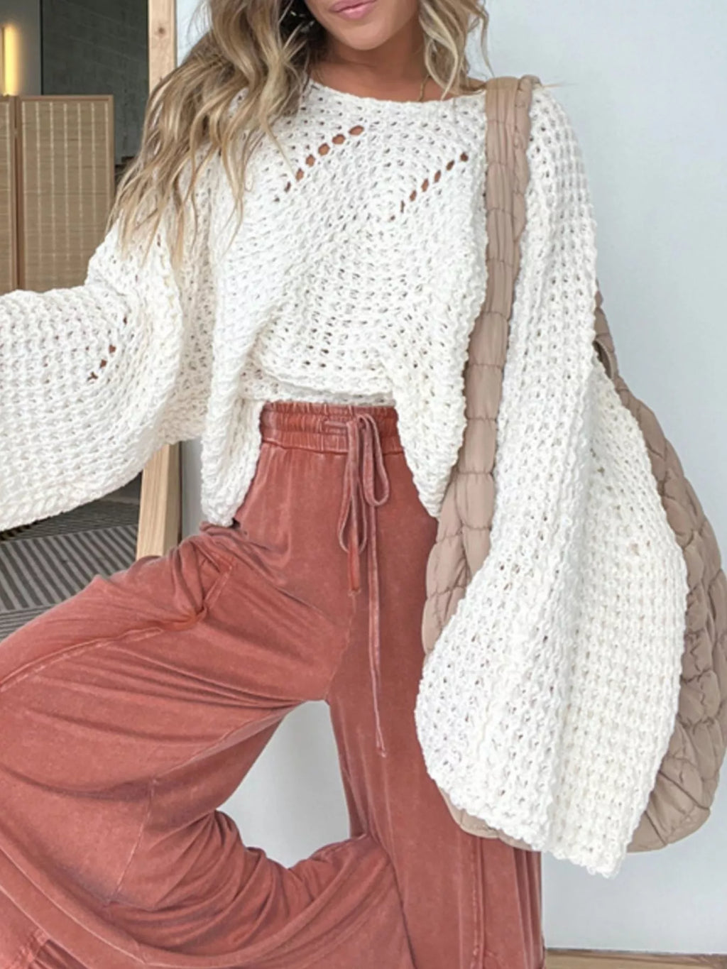 Women's Sweater Openwork Knit Oversized Batwing Long Sleeve White 27c996d1-d1f1-4301-bc12-b24b02215cdf-Max-Origin Trendsi