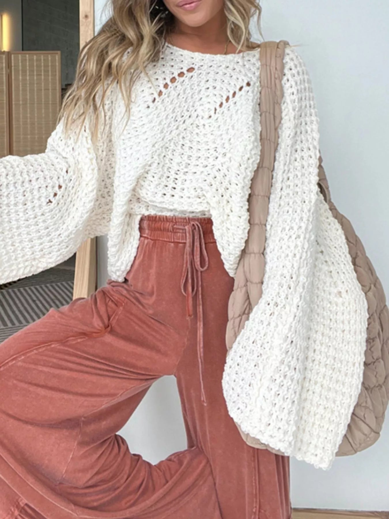 Women's Sweater Openwork Knit Oversized Batwing Long Sleeve White 27c996d1-d1f1-4301-bc12-b24b02215cdf-Max-Origin Trendsi