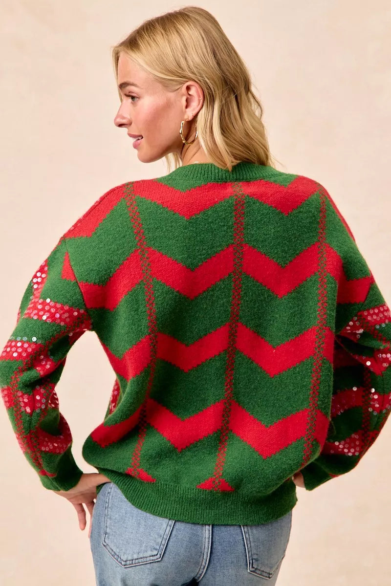 BiBi Sweater Christmas Theme Chevron Sequins Womens Green Red Pullover 27ce483539e040838e61206d7e57d98a-Max-Origin Trendsi
