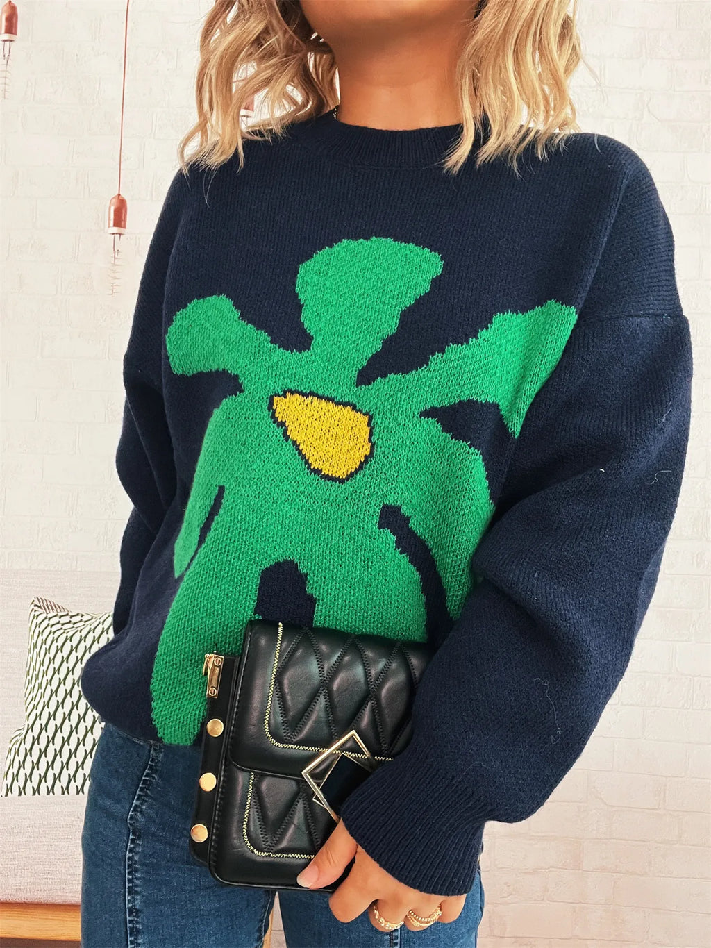 Women's Sweater Flower Dropped Shoulder Knit Long Sleeve Pullover Dark Blue One Size 27ce9ff442b94039989f82b174eb29e3-Max-Origin Trendsi