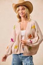BiBi Knit Cardigan Womens Oatmeal Two Tone with Leaf Patches Open 27ec6ea272a94547b6453a1f4fde9414-Max-Origin Trendsi