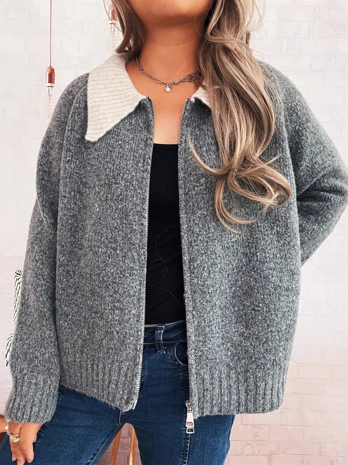 Women's Cardigan Zip-Up Contrast Collar Soft Acrylic Knit Sweater 27eef15dee33495a970358885c83a3dd-Max-Origin Trendsi