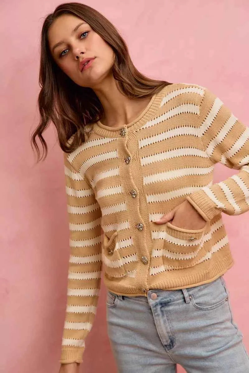 SO ME Women Sweater Cardigan Stripe White Beige Long Sleeves Buttoned 27f5ade89ae04886ac12b3939e4e1a32-Max-Origin Trendsi