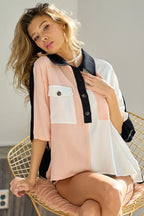 BiBi Top Pink Color Block Quarter Neck Short Dolman Sleeve Front Pockets 27f6900706824f319df8961ee22914f7-Max-Origin Trendsi