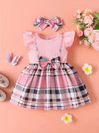 Children's Ruffled Bow Plaid Dress Two-Piece Set