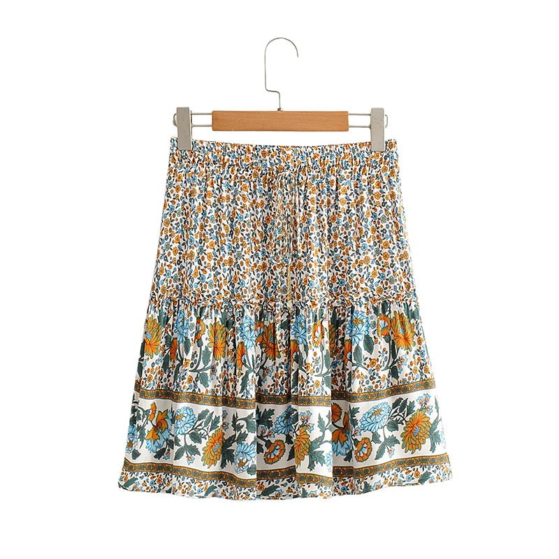 Women Floral Bohemian Outfits Strap Crop Tops Drawstring Mini Skirts Summer 2 Pcs